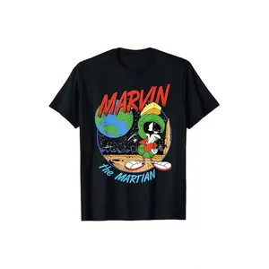 Marvin The Martian Graphic T-Shirt,Casual Crew Neck, High Stretch Knit Fabric, Alphabet Pattern, Regular Fit, With Applique Detail, For Men, All-Season Space-Themed Tee