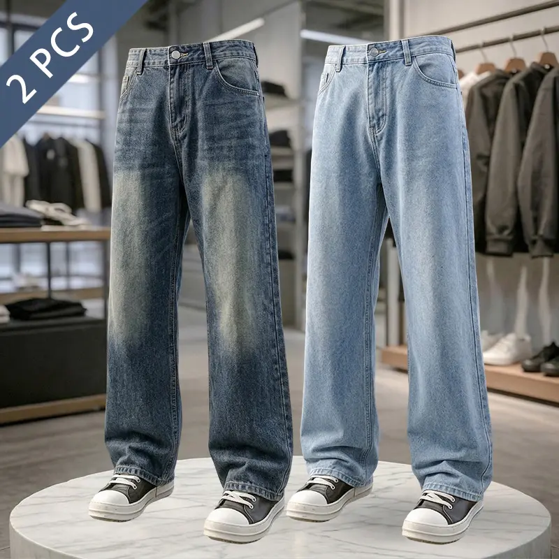 Men's 2-Pack Retro Washed Distressed Plain Jeans - Classic Straight Fit, Casual Bootcut, Loose Baggy Style, Menswear Streetwear, Pocket Design, for Commuting & Outdoor Everyday Wear, Loungewear, Fabric