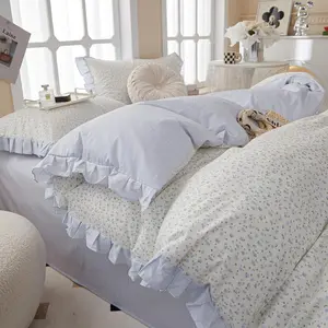 Blue Floral Ruffle Twin XL White Soft Cotton Lace Duvet Cover Romantic Princess Vintage Botanical Flower Bedding Set for Girls with Zipper Closure