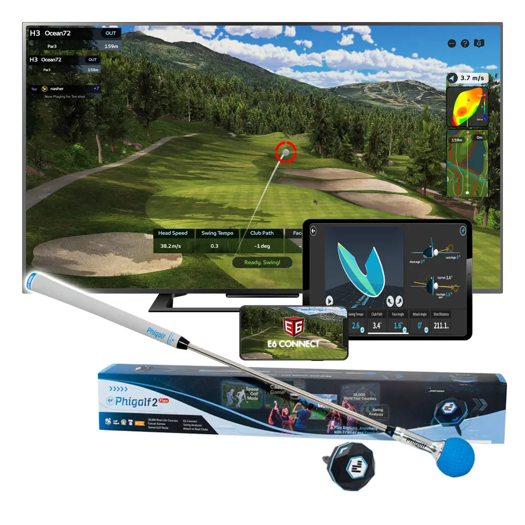 PHIGOLF 2 FLEX Home Golf Game Simulator with Motion Sensor & Swing Stick for Android iOS E6 Connect 38000 Courses Worldwide Interactive Golf Experience Portable Space-Saving Travel-Friendly