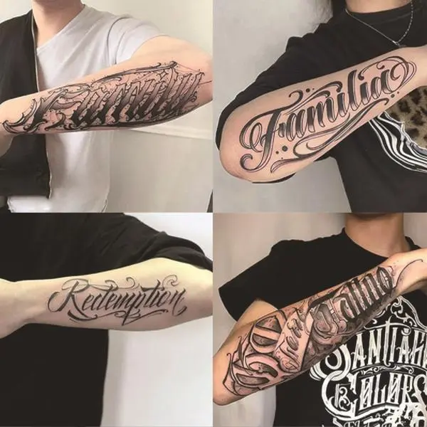 Distinctive Cursive English Herbal Tattoo Stickers, Juice Ink, Waterproof, Long-Lasting, Non-Reflective, Perfect for Men’s Forearms