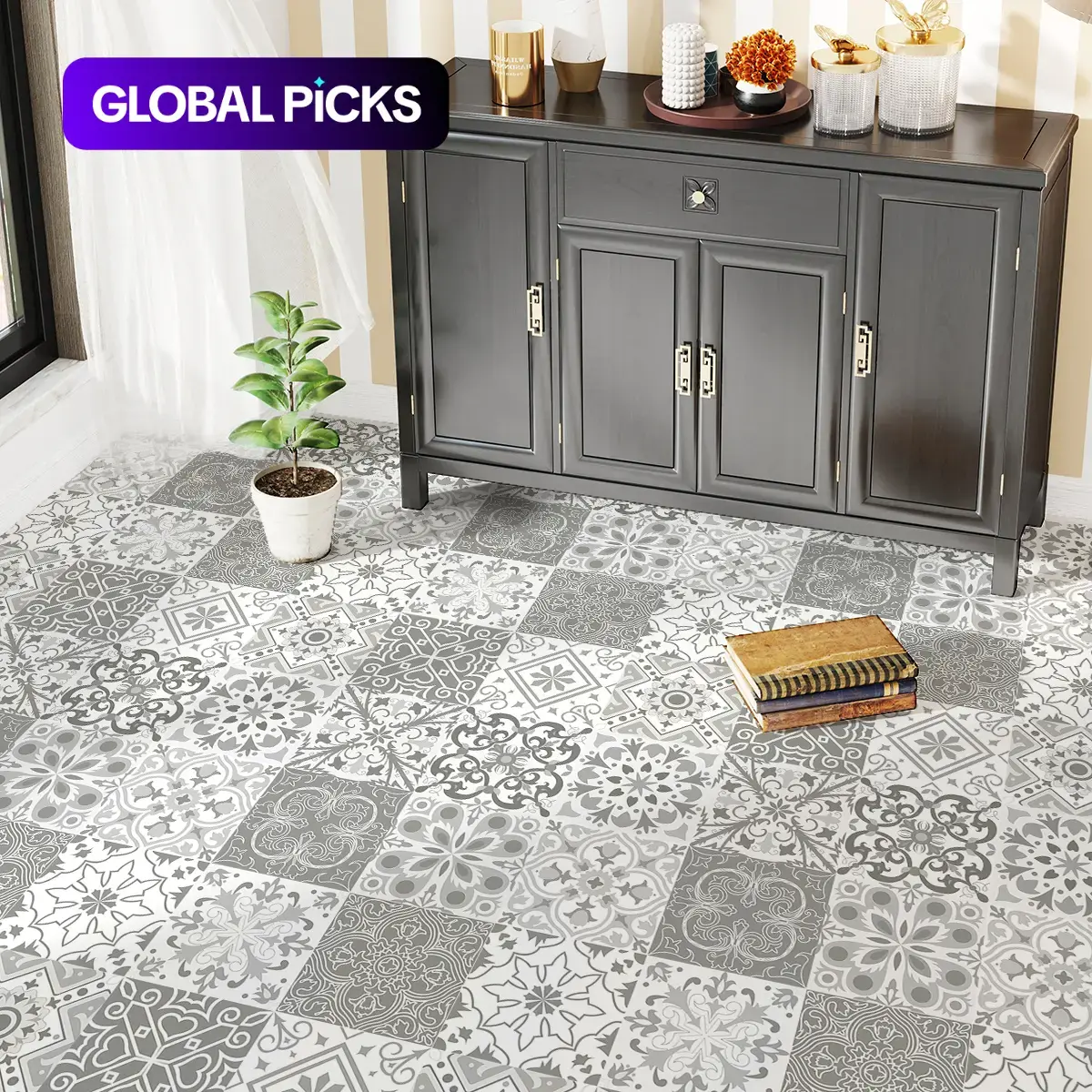 12 Pcs Vintage Floral Floor Tile Stickers, Self-Adhesive Peel-and-Stick Decals for Entryway, Living Room, or Study #GLOBAL PICKS