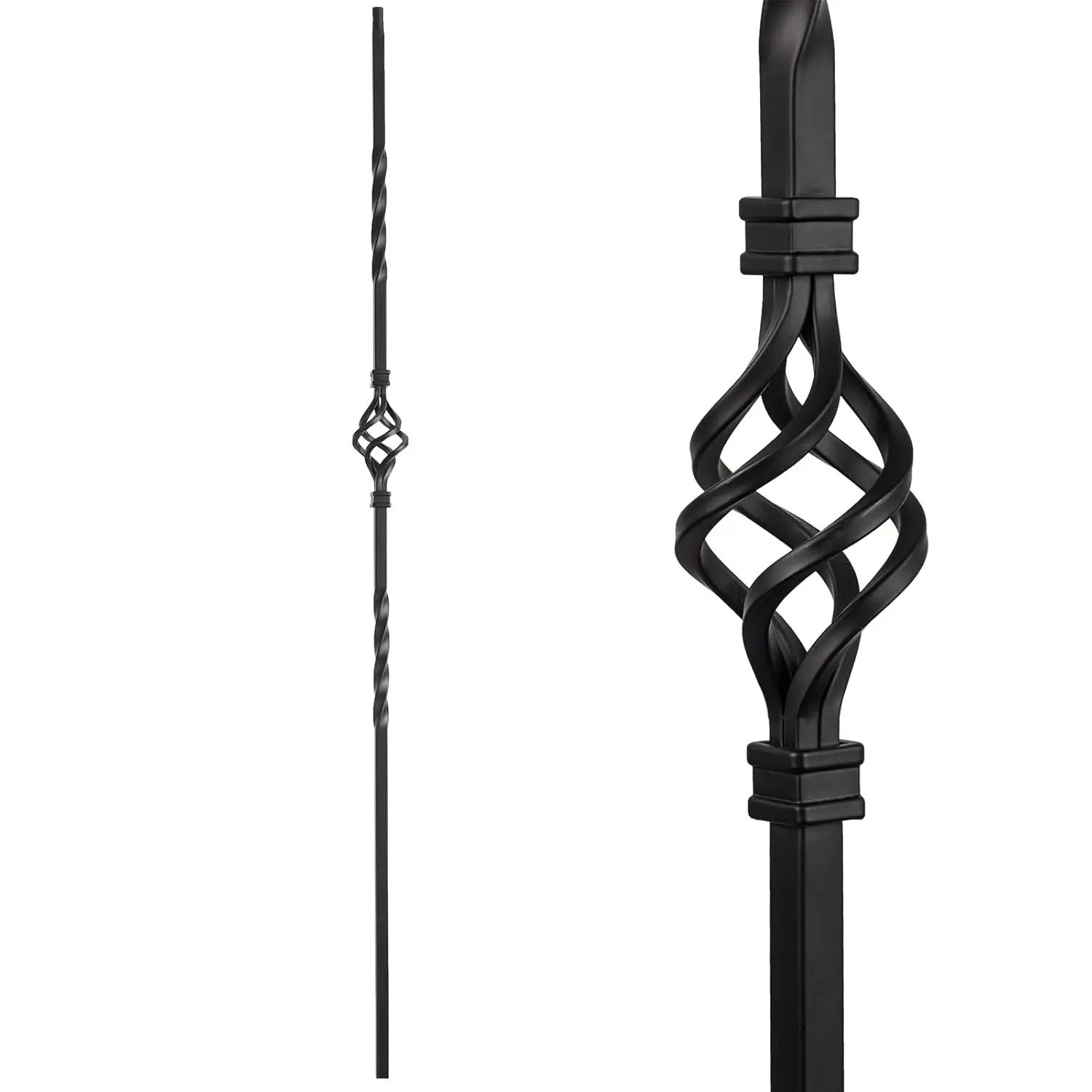 S08 Wrought Iron Balusters Set of 10 Decorative Metal Balusters for Decks Spiral Stair Railing 1/2-inch Hollow Single Basket Iron Spindles Satin Black Metal Railing