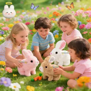 Hopping Rabbit with Carrot Interactive Electronic Pet Plush Bunny Toy with Sounds and Movements Animated Walking Wiggle Ears Twitch Nose Gift for Toddlers Birthday, Pink, 7'',Easter Bunny