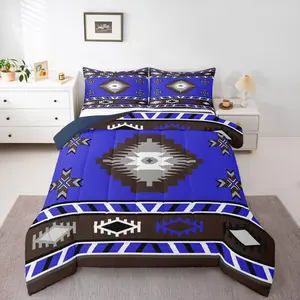 Tribal Aztec Bedding Set,Blue Ethnic Comforter Set,Western Room Decor Southwest Comforter,Rustic Indian Oriental Pattern Quilt