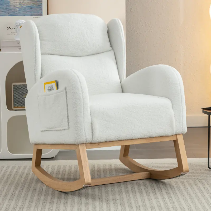 Upholstered Wingback Teddy Accent Rocking Glider Armchair with Wood Seat Frame, Tall Back Chair with Side Pockets, Modern Leisure Single Sofa for Nursery, Living Room, Ivory