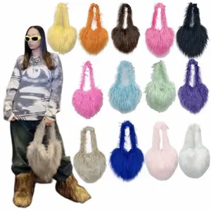 Plush Shoulder Bag for Women - Cute Solid Color Heart Shape, Available in Various Colors