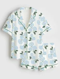 Blue Hydrangea Nantucket Pajama Set Coastal Cottage Floral Sleepwear, Short Sleeve Satin Pajamas, Summer Sleepwear Set, Pajama Sets Women, Comfortable Sleeping Clothes, grandmillennial style loungewear, hydrangea print pajamas, gift for her
