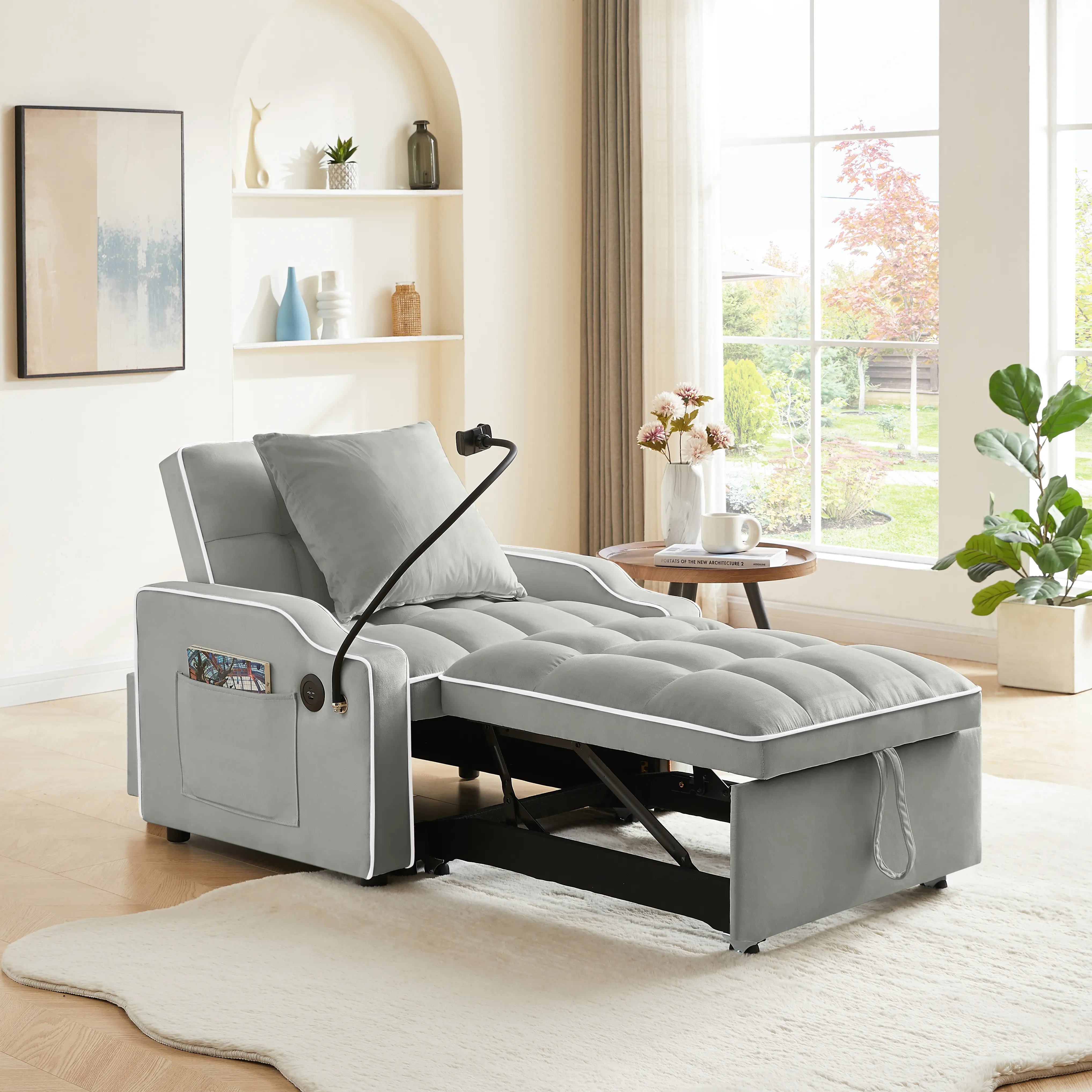 Convertible Sleeper Sofa Chair Bed, 3 in 1 Velvet Single Small Futon Sofa Bed with Phone Holder & USB Ports,Pull Out Couch Recliner with Adjustable Backrest for Living Room, Office, Small Placed ,3-in-1 Sofa Bed