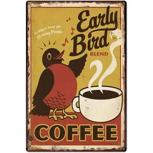 Room Decoration Early Bird Blended Coffee Tin Metal Logo Wall Art | Nostalgic Art Vintage Tin Logo, Gift Ideas, Metal Plaque, Wall Decoration Cafe/Kitchen/Coffee Corner/Coffee Maker 8x12