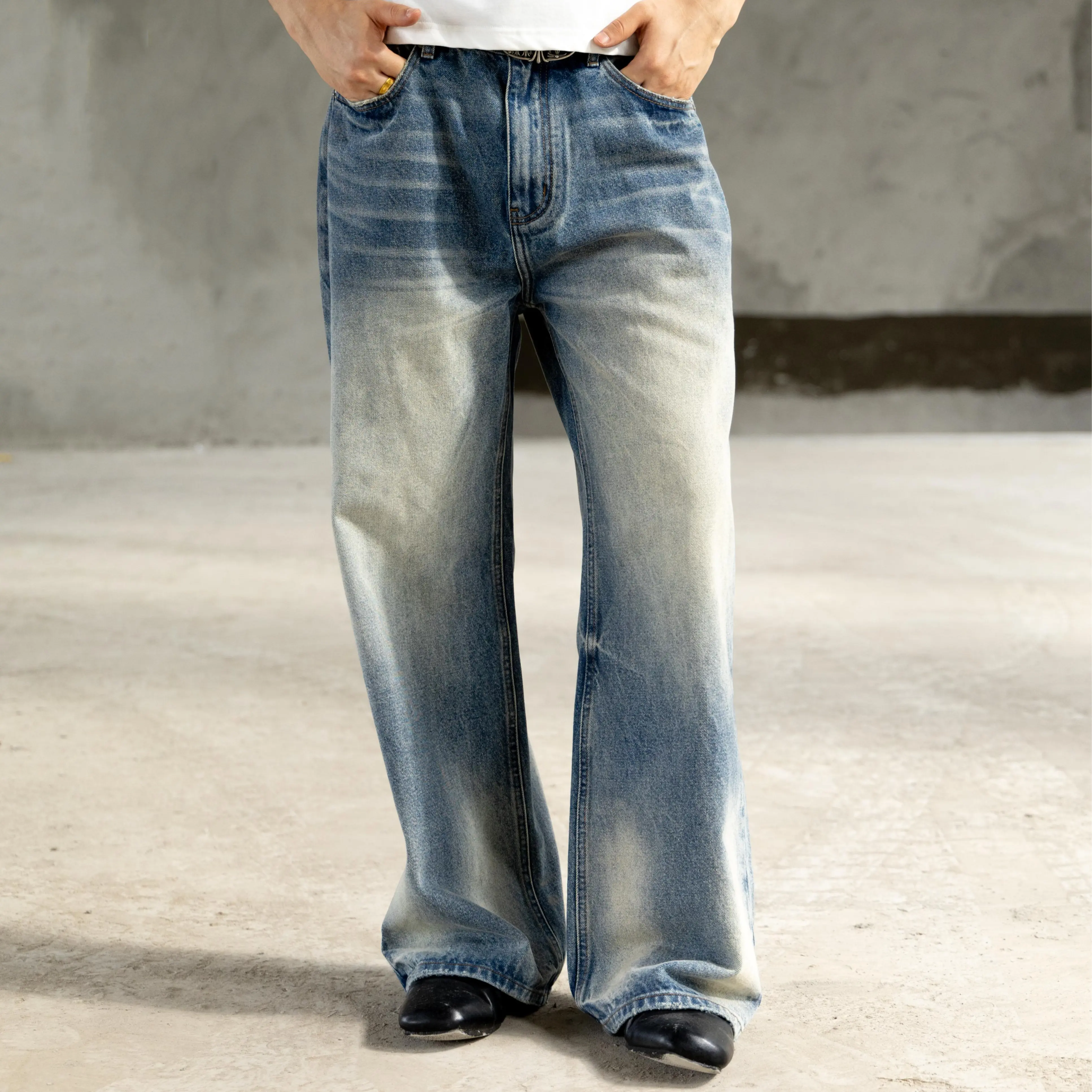 Men's Straight Leg Vintage Denim Pants - Relaxed Fit, Textured Washed Blue Cotton-Polyester Blend, Distressed Cat Whiskers, Pockets, YKK Hardware, 1980s-Inspired Street Shape, Male Clothing, Casual Streetwear, 90s Look, Halloween-Christmas Outfits#L020