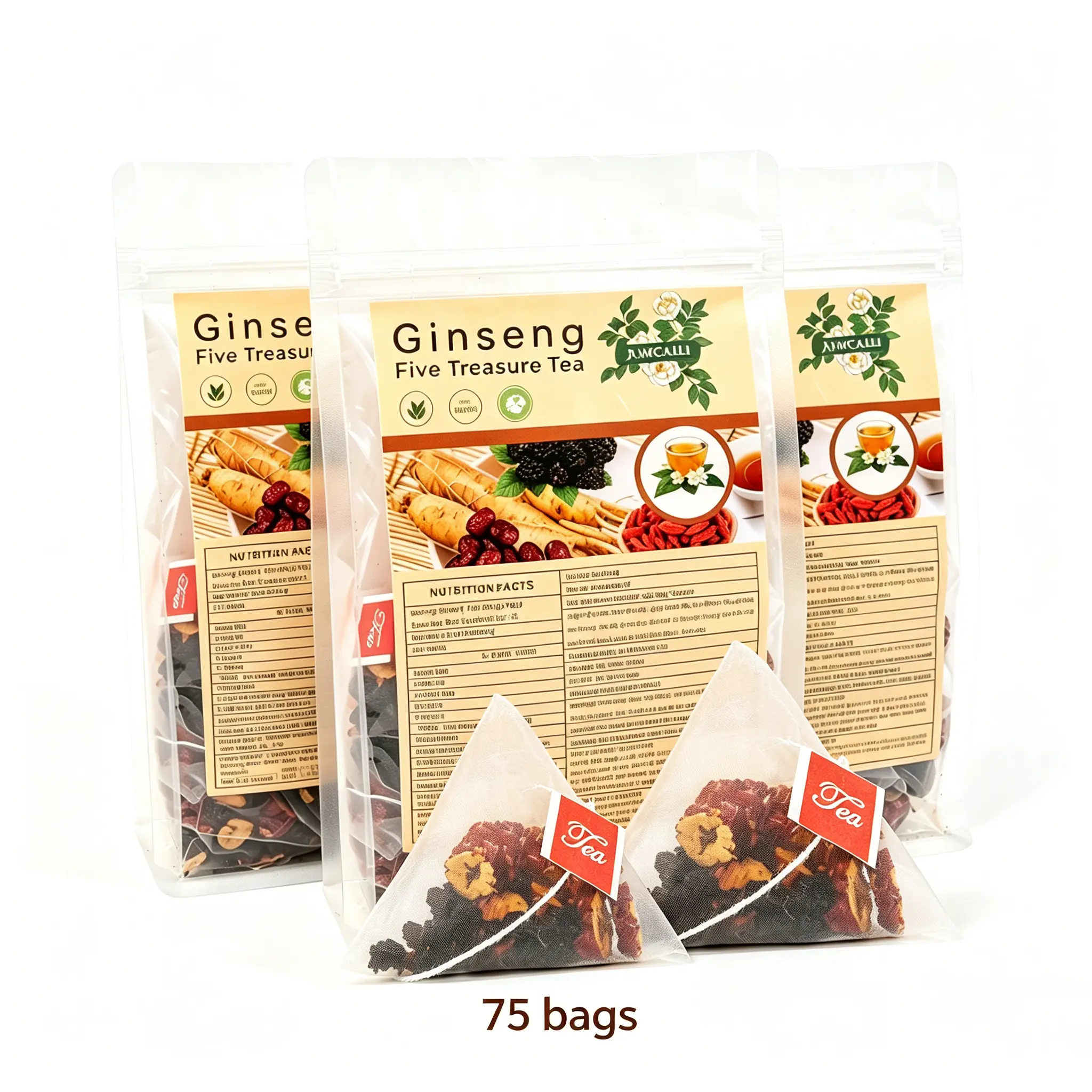Premium Ginseng 5 Treasures Wellness Energy Tea Packets (Tea Bags), 250g Large Value Pack, 25 Sealed Sachets, 6 Natural Premium Herbs (Ginseng, Maca, Goji Berry), Vegan Organic Kidney Cleanse Herbal Blend for Daily Energy Boost, Male Vitality Support