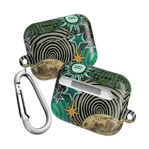 Retro Cosmic AirPods Case – Vintage Sun & Star Pattern, Whimsical Trippy Y2K Aesthetic with Spiral Illusion Design, Protective Cover with Keychain Clip, Stylish AirPods Accessory, Perfect Gift for Him & Her