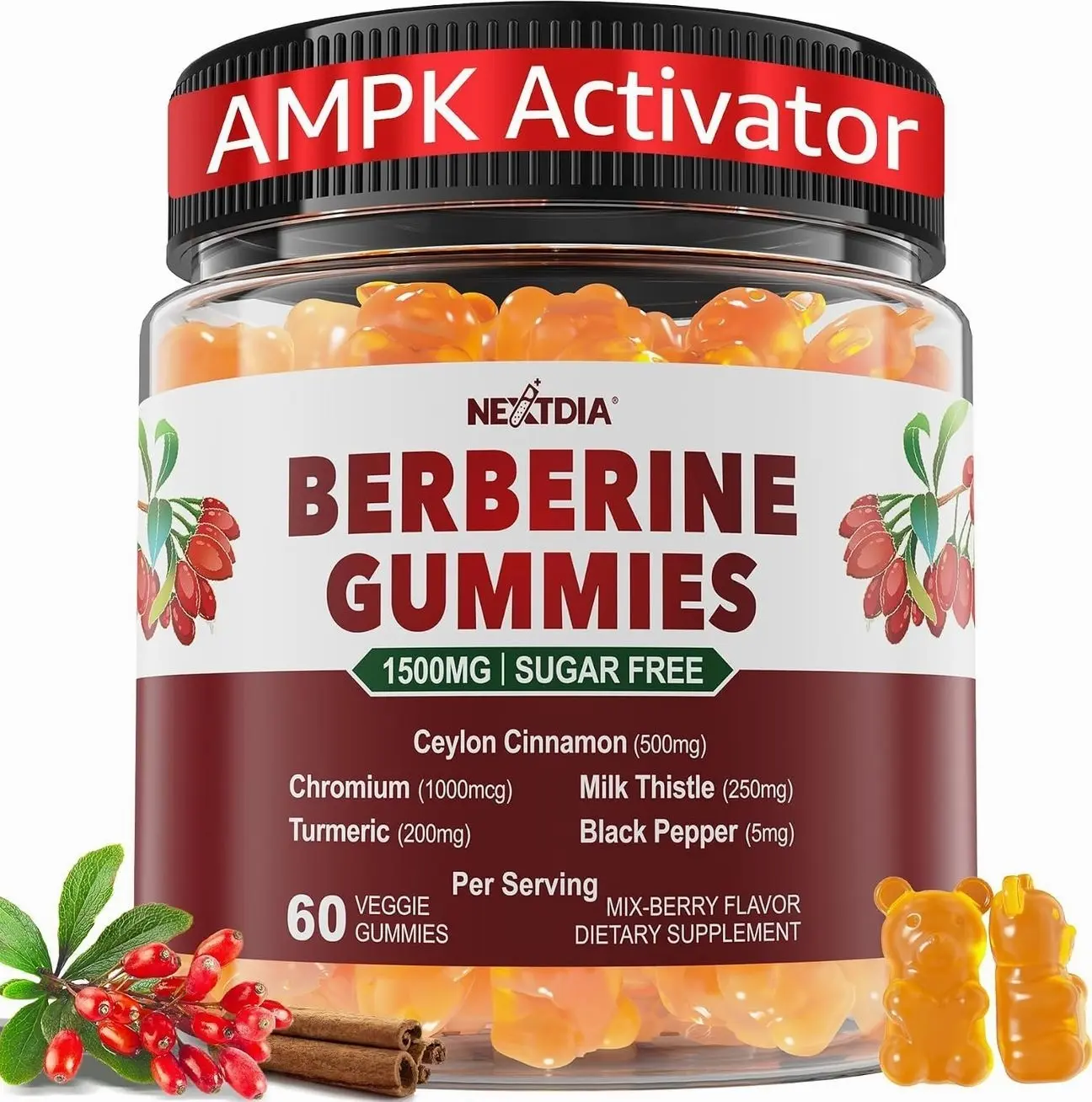 Berberine Gummies Supplement 1500mg, Natural GLP-1 Support + Ceylon Cinnamon, Chromium, Milk Thistle, Turmeric, AMPK Activator for Women & Men, Berberine HCl from Indian Barberry, Sugar Free, 60 Count