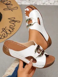 Women's Summer New Fashion Stylish Casual Wedge Sandals Open Toe Slides, One-Click Slip-On Comfortable Soft Sole, PU Leather Ladies Slippers for Multiple Scenarios