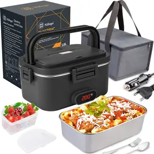 80W Electric Lunch Box Portable Food Heater For Adults Fast Heating Food Warmer For Car Truck Home Office 110V 12V 24V 1.8L 304 Stainless Steel Container With Fork Spoon And Carry Bag