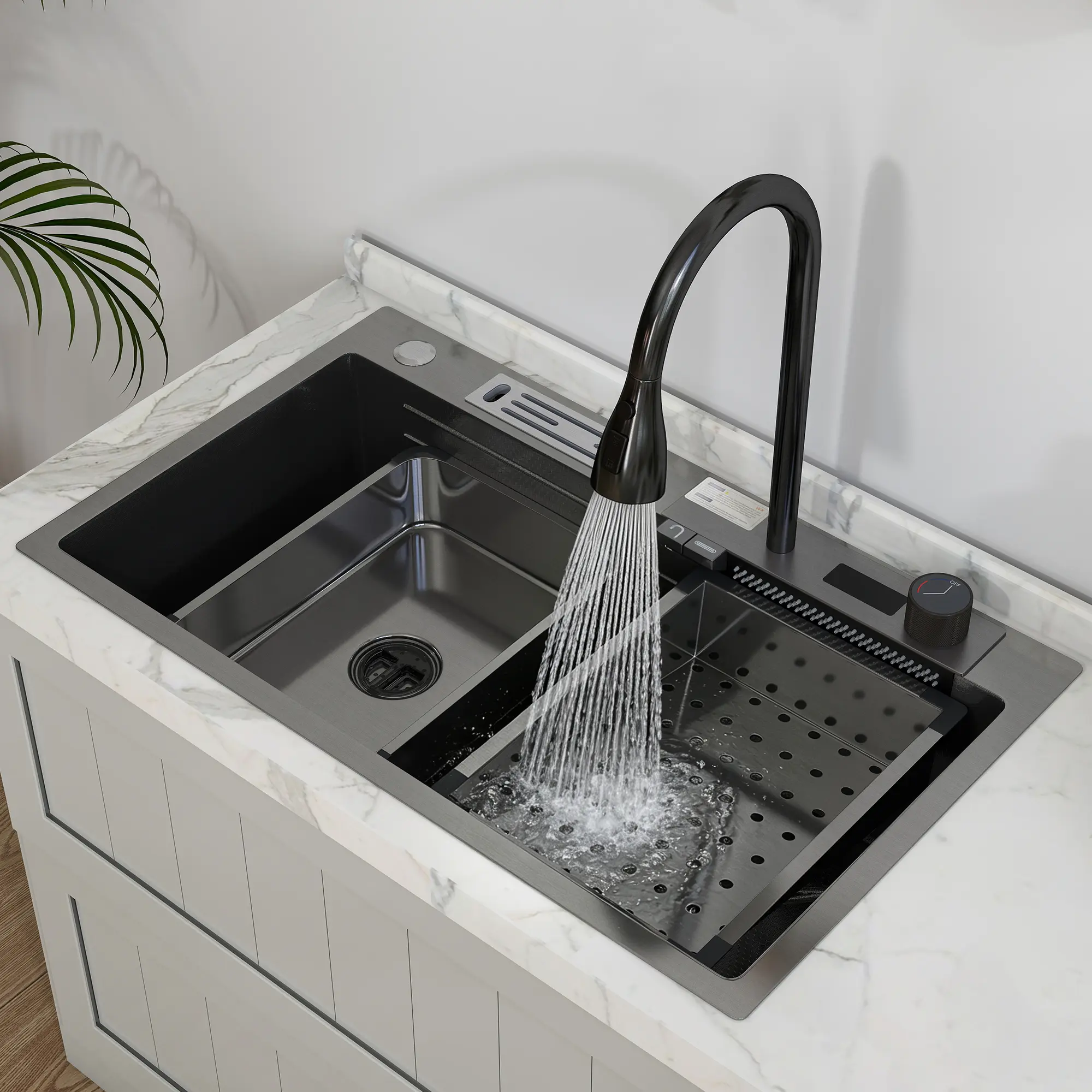 30" Stainless Steel Kitchen Sink Waterfall Multifunctional Drop In Top Mount Single Bowl w/ Digital Display Pull-out Faucet, Drain Rack, Water Basin, Draining Kit