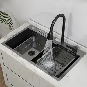 30" Stainless Steel Kitchen Sink Waterfall Multifunctional Drop In Top Mount Single Bowl w/ Digital Display Pull-out Faucet, Drain Rack, Water Basin, Draining Kit