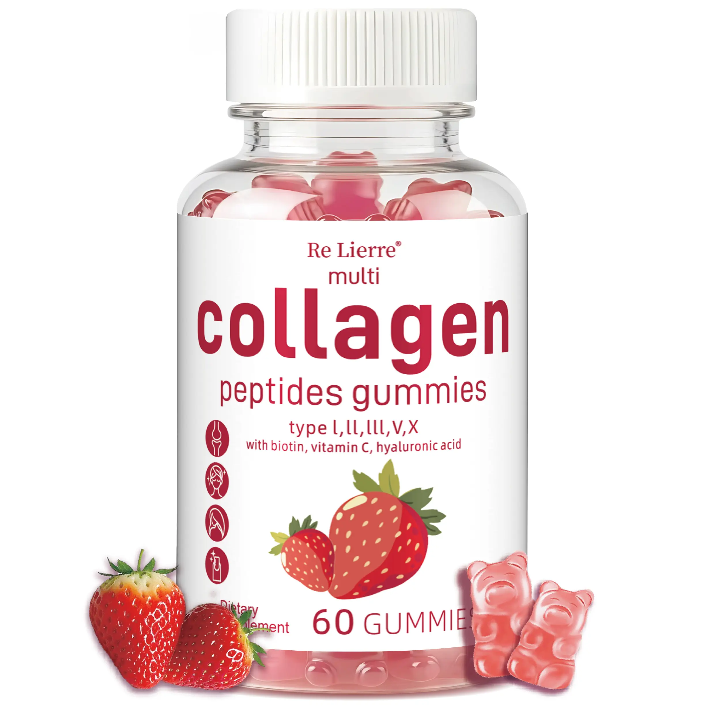 Re Lierre Multi-Collagen Peptides Gummies for Women - Strawberry Flavor, 60 Count - Sugar-Free with Biotin, Vitamin C & Hyaluronic Acid - Supports Hair, Skin, Nails & Joints - Lactose-Free Chewable Supplement