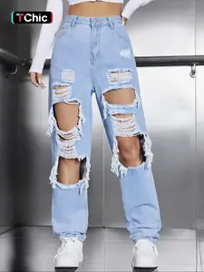 Women's High Waist Ripped Jeans, Fashion Casual Distressed Straight Leg Denim Pants, Destroyed Hole Jeans, Lady Bottoms for Daily Wear StreetwearGift