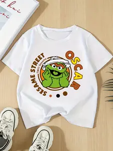 Trendy Cool Boys' Casual Short Sleeve, Unique Cartoon Pattern Print, Loose Fit Summer Clothes, Elementary School Kids Fashion