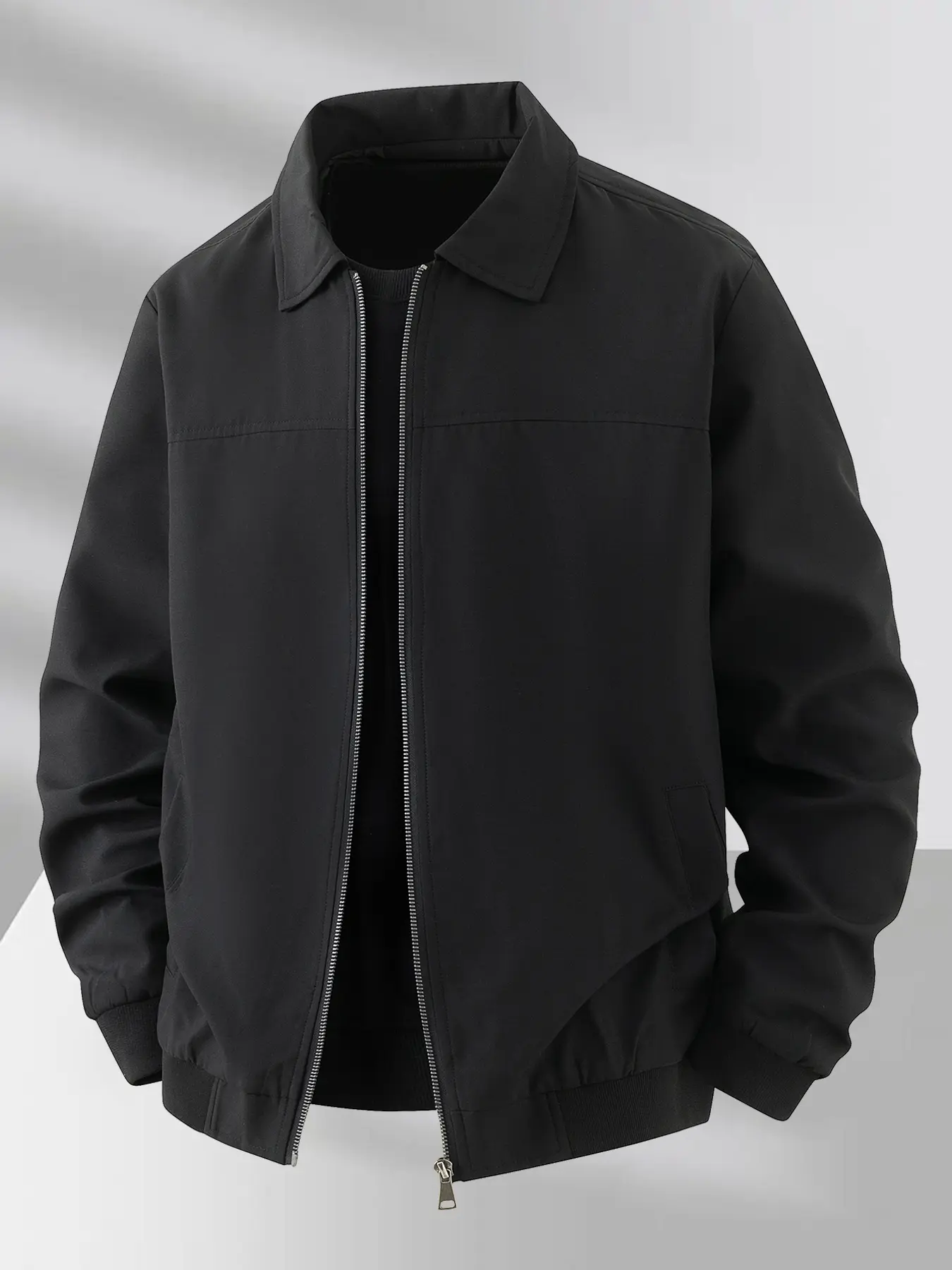 Men's Lightweight Work Office Jacket, Simple Office Business Style Lapel Coat, Zipper Closure, Ribbed Hem Design, Polyester Fiber