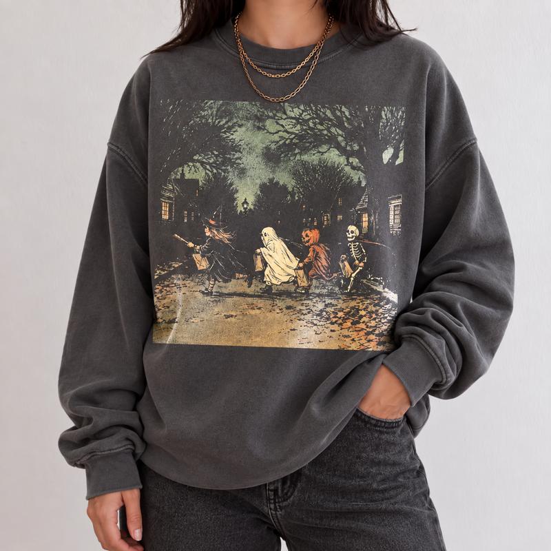 Dark Gothic Halloween Sweatshirt, Vintage Witch Skeleton Crewneck, Ghost Pumpkin Graphic Pullover, Spooky Fantasy Fall Gift for Women