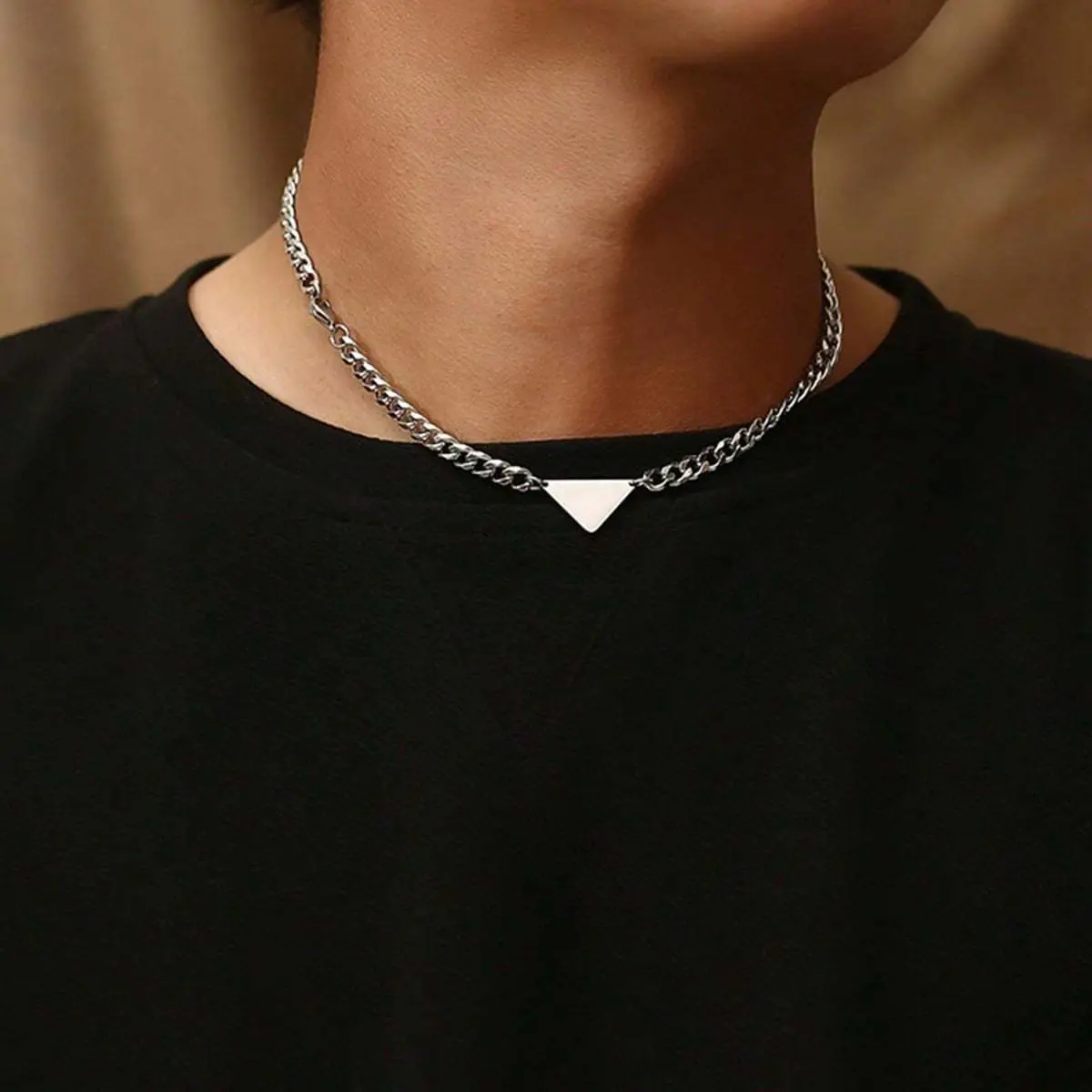 Men's Stainless Steel Cross Necklace with Triangle Pendant and Minimalist Chain, Hip-Hop Trendsetter Jewelry for Daily Wear, Cross Necklaces, Hip Hop Jewellery, Chain & Link, Male