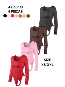 Women's Long Sleeve Solid Shapewear Bodysuit, Thong Design, Square Neck Slimming Tummy Control, Ladies Underwear & Shapewear