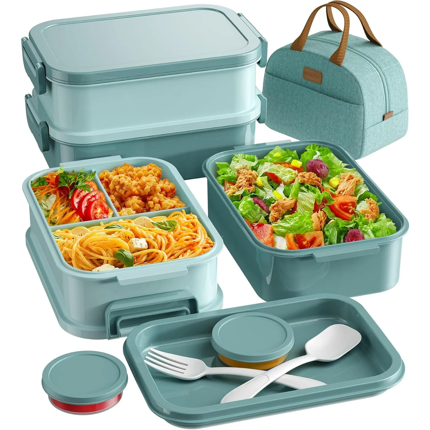 Adults' Sturdy Airtight Bento Lunch Box Set with Thermo Bag, 74oz Stackable Leak-proof 3-Tier Tableware Set, Built-in Utensil, Sauce Container, Lid for Work, Desserts (Green)