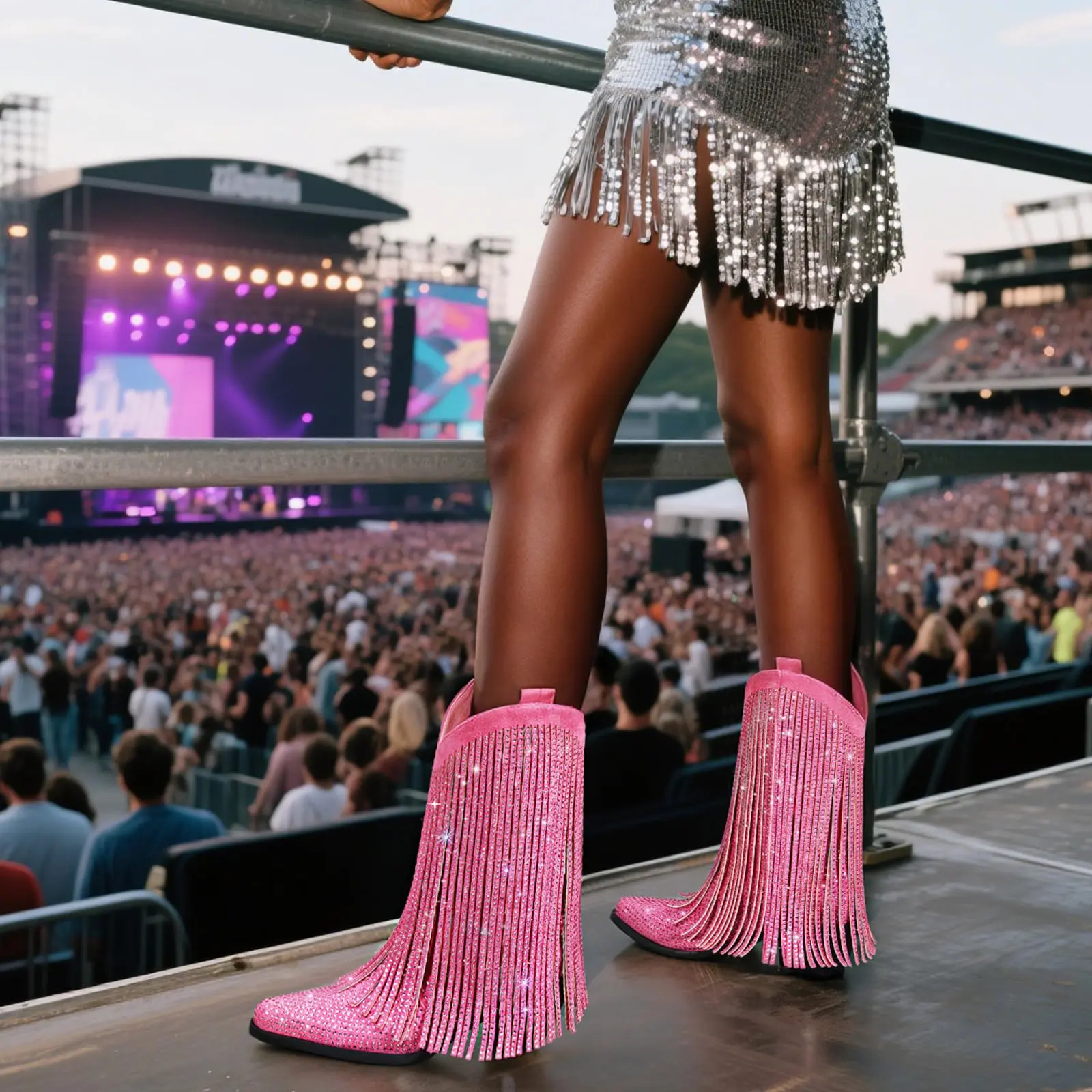 Women's Fringe Western Boot - Mid-Calf Pink Cowgirl Shoe, Star-Studded, Pointed Toe, Chunky Heel Footwear for Country Music Festivals