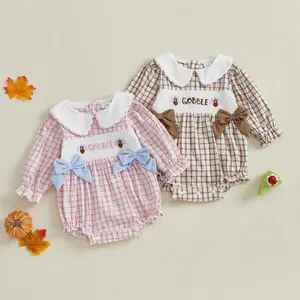 Baby Girl's Plaid Cotton Blend Thanksgiving Romper - Long Sleeve Knit Outfit with Doll Collar, Turkey Embroidery, 0-3 Months, 37-45 cm Baby Girls Clothing
