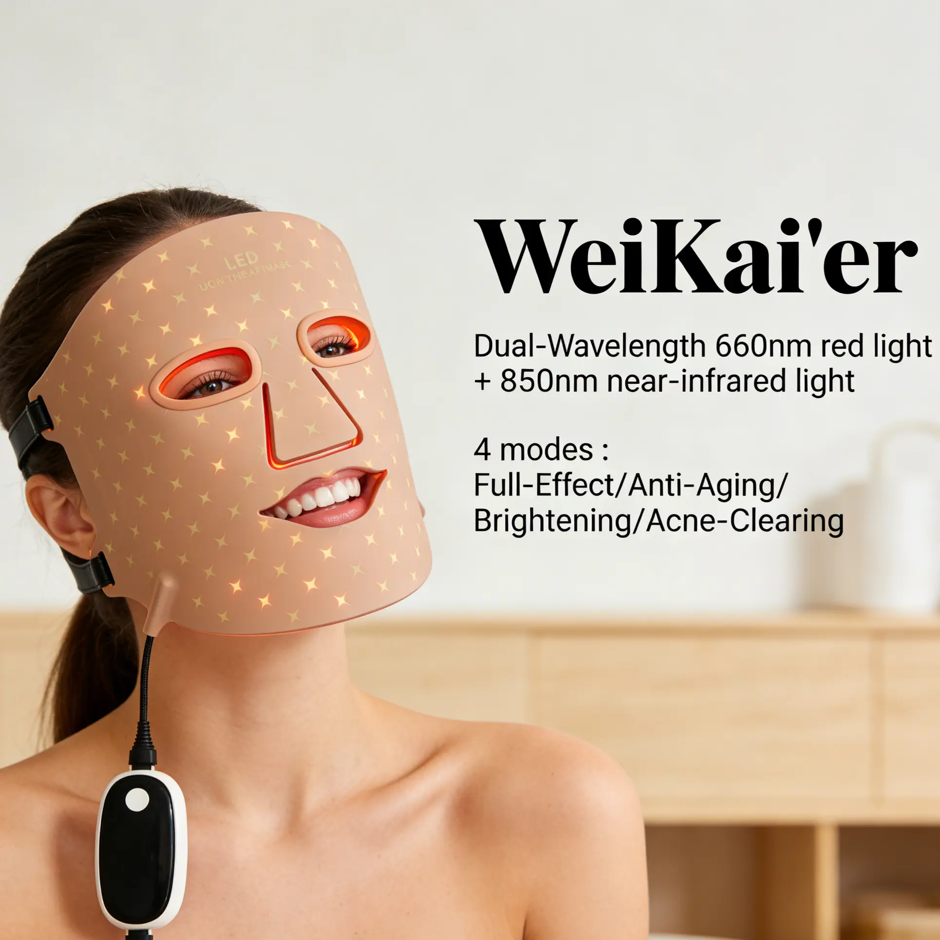 WeiKai'er LED Face Mask, Red Light Therapy Device with 4 Modes, 850nm NIR LED, Anti-Acne, 10-Min Automatic Timer, Safe, Comfortable, Lightweight for Home & Travel Skincare Brightening, Red Light Therapy Mask, Light Therapy Mask Salon & Spa Equipment