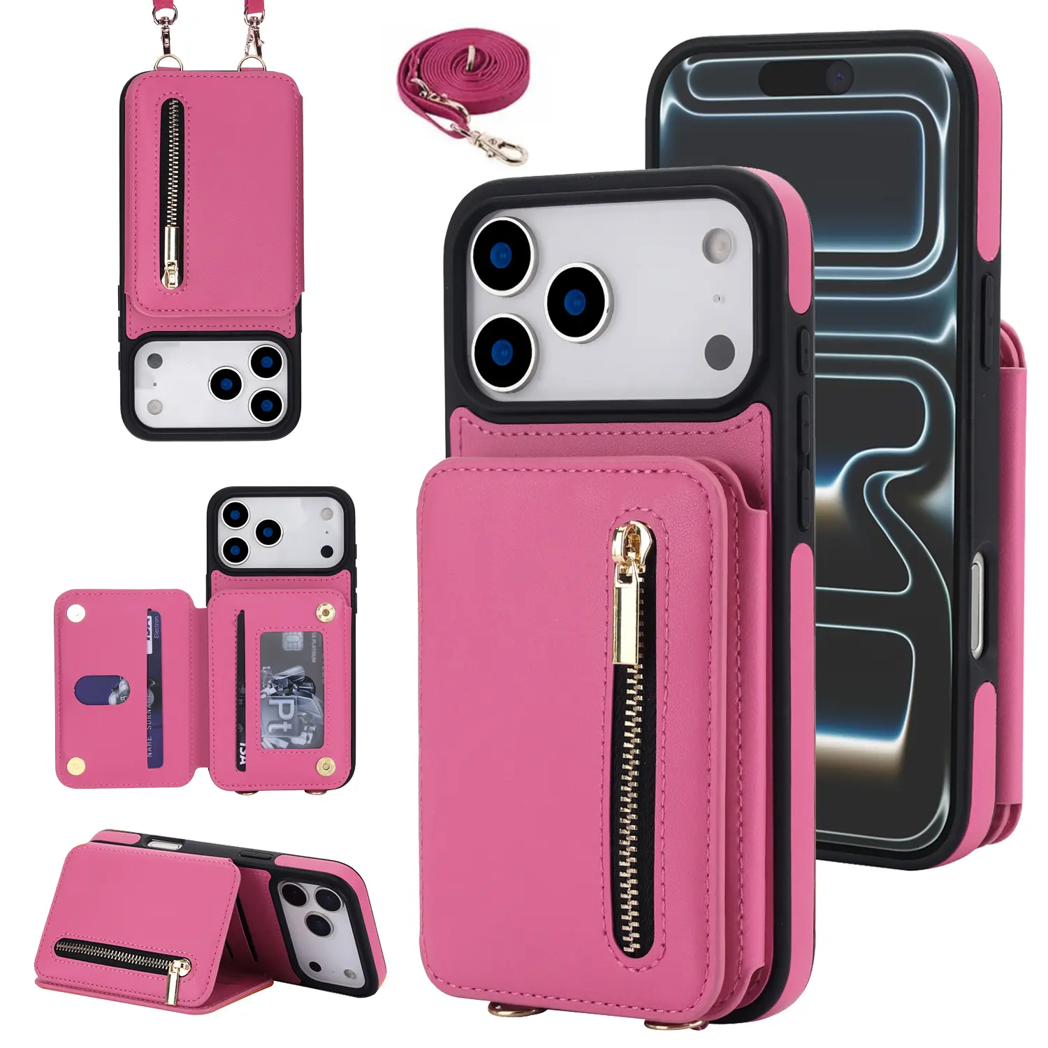 Wallet Case for iPhone 17 Pro Max iPhone Air 16 15 14 13 12 Pro Max PU Leather RFID Blocking Card Wallet Flip Stand Cover Crossbody Lanyard Strap Wristband
