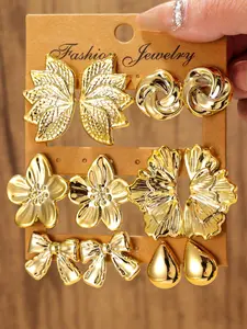 Fashionable Leaf Texture, 5-Petal Flower, Twisted Round Flower, Water Drop, Butterfly Knot, Symmetrical Flower Stud Earrings, Floral Stud Earrings, Stud Earring Jewelry, Suitable For Daily Life Or Party Wear, Great Gift For Friends And Family