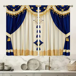 2pcs Royal Blue Gold Luxury European Printed Decorative Curtains, Filter for Privacy Protection, Anti Fading, 100% Polyester, Suitable for Bedroom and Living Room Decoration, Gentle Machine Wash in Cold Water, Low Temperature Drying, Non Bleach