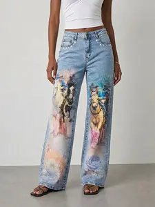 Western Cowboy Graphic Jeans Y2K Wide Leg High Waisted Denim Pants Vintage Rodeo Horse Print Baggy Streetwear Women Statement Pants