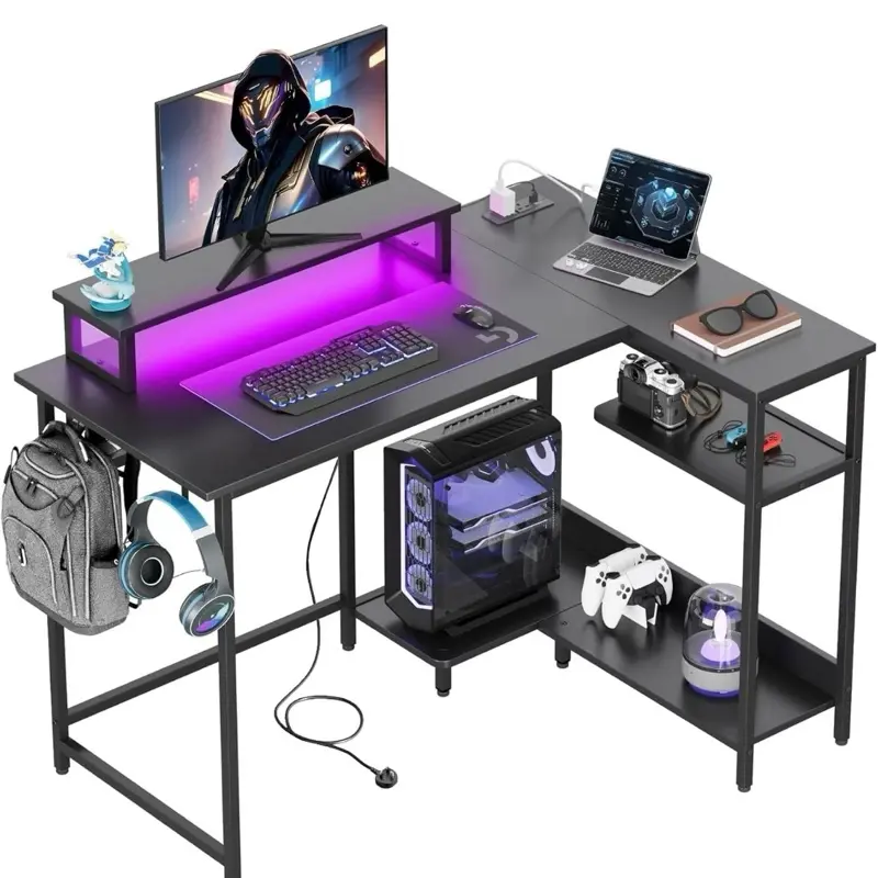 DEVAISE L Shaped Gaming Desk with Power Outlets & RGB LED Lights, 111CM Gaming D