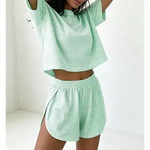 Women Top&Shorts Pajamas Set Contrasting Striped Knitted Casual Loose T-shirt Top and Split Shorts Loungewear HomeWear
