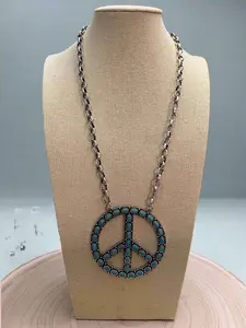 Western Turquoise Peace Statement Necklace - 22" Boho Pendant