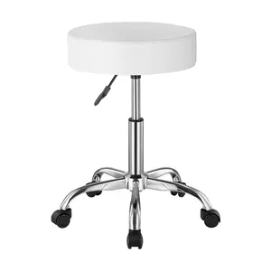 【Spotlight Day】VEVOR Rolling Stool with Wheels, 450 LBS Weight Capacity Round Rolling Stool Chair, Height Adjustable Thickened PU Leather Swivel Stool for Salon, Spa, Massage, Tattoo, Clinic, White