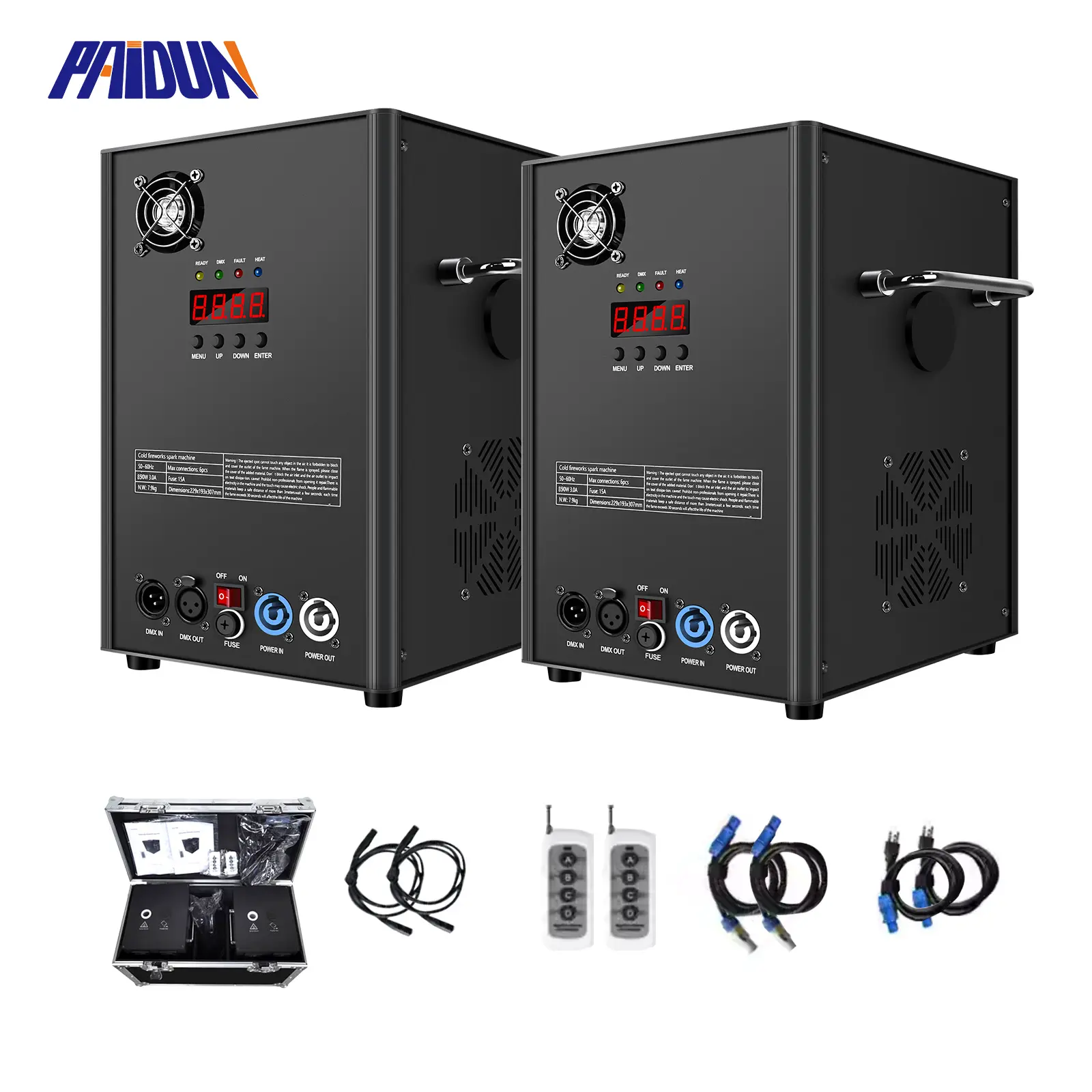 PAIDUN 2PCS 850W Cold Spark Machine Fountain Firework Effect Stage Equipment with Flight Case
