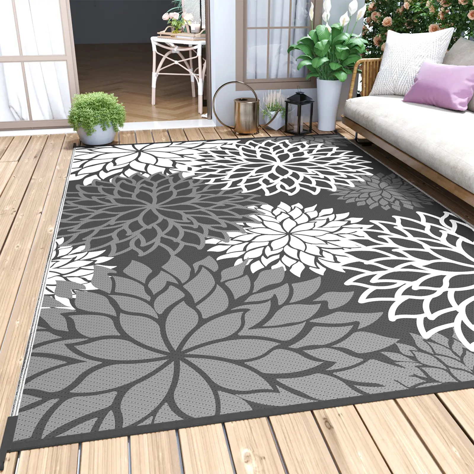 Floral Outdoor Rug Carpet Waterproof Patio Rug Mat Portable RV Camping Rug Mat-Reversible Non Fading Outdoor Area Rug for Deck Picnic Balcony Backyard