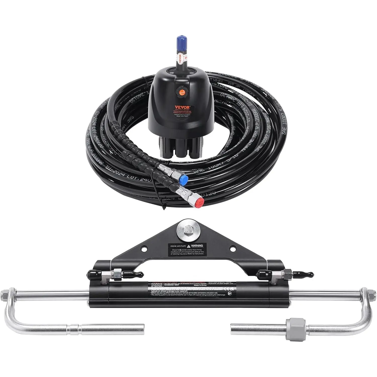 VEVOR Hydraulic Outboard Steering Kit, 150HP, Marine Boat Hydraulic Steering System, with Helm Pump Two-Way Lock Cylinder and 24 Feet Hydraulic Steering Hose, for Single Station Single-Engine Boats