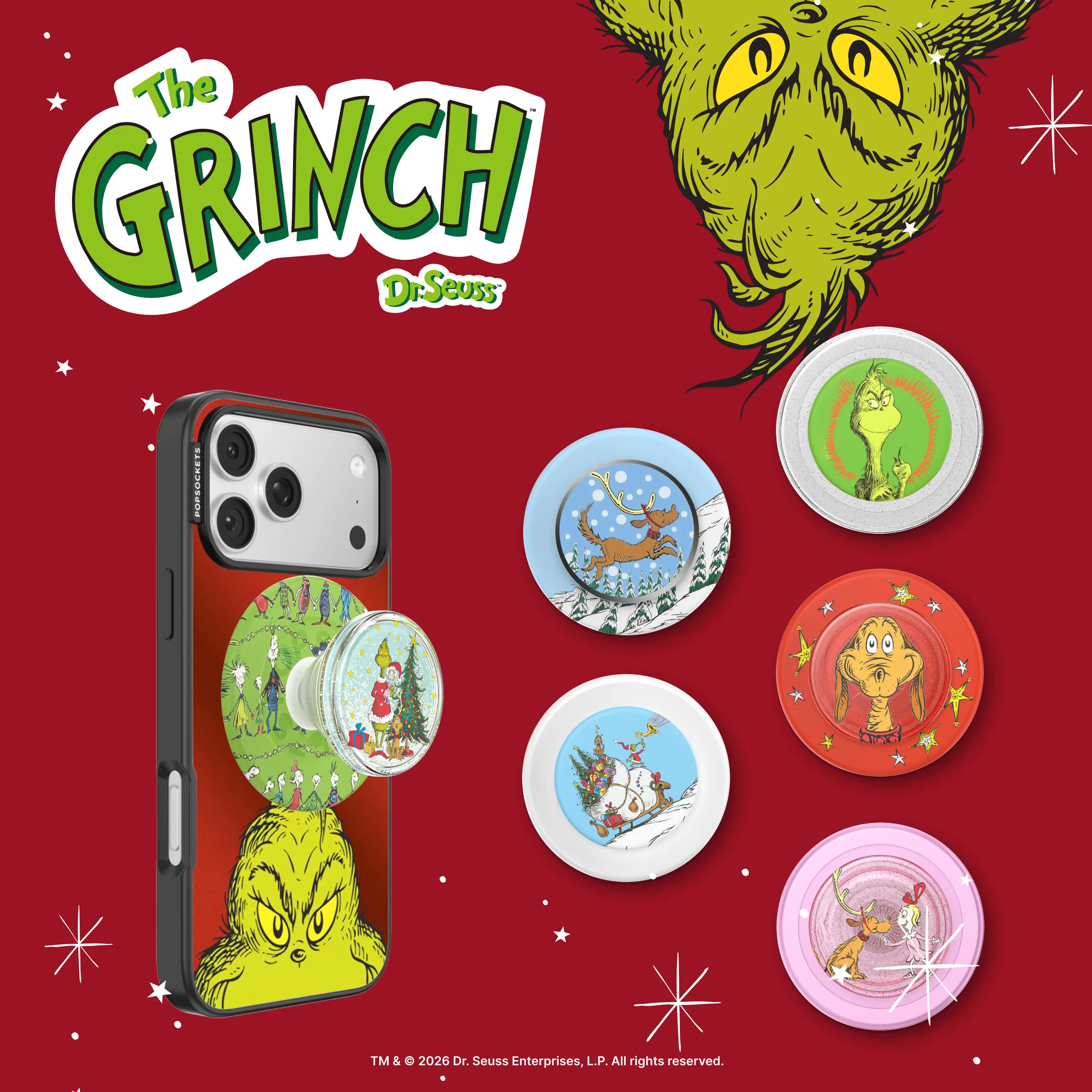 PopSockets Grinch MagSafe PopGrip  Cellphone Holder, Phone Holder Stand, Easy-Remove Mobile Accessory with Max Grip Hold, Magnetic Mount, Swappable PopTop