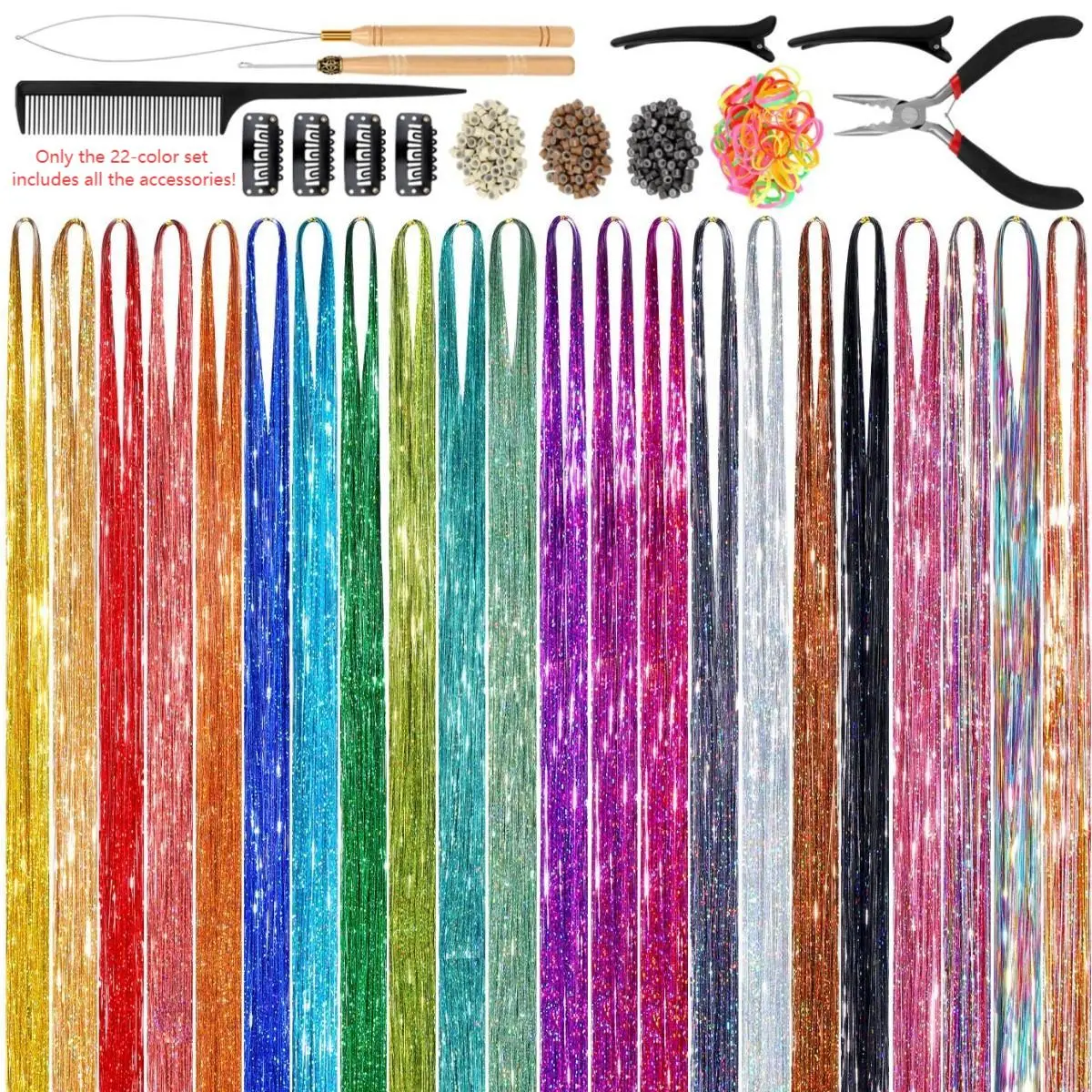 Hair Tinsel, 22-Color Hair Tinsel Kit for Girls 6600 Strands Fairy Tinsel Hair Extensions Holographic Hair Tinsel Heat Resistant Vibrant Colored Hair Glitter for Christmas Party Festival Deals for You Days Summerwins
