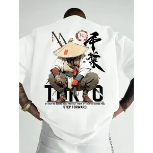 Japanese Samurai Ronin Graphic T-Shirt, Tokyo Streetwear Ukiyo-e Inspired Tee, Men's White Casual Edgy Top for Anime & Ninja Fans, Heavyweight Cotton Crewneck Streetwear Shirt Retro Deftones Tour boys merch estado good deo