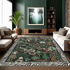 Garvee Jungle Rug 5x7 - Washable, Non-Slip, Non-Shedding Low Pile Rug for Living Room, Bedroom, Play Room, Kitchen, Office, Nursery with Botanical Accent in Black
