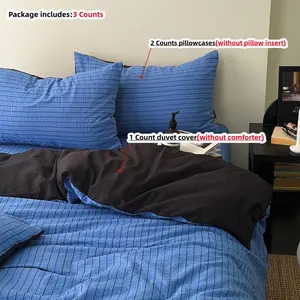 3-Piece Deep Blue Striped Bedding Set, Includes 1 Duvet Cover and 2 Pillowcases （without any filling）, Breathable Fabric, Perfect Gift