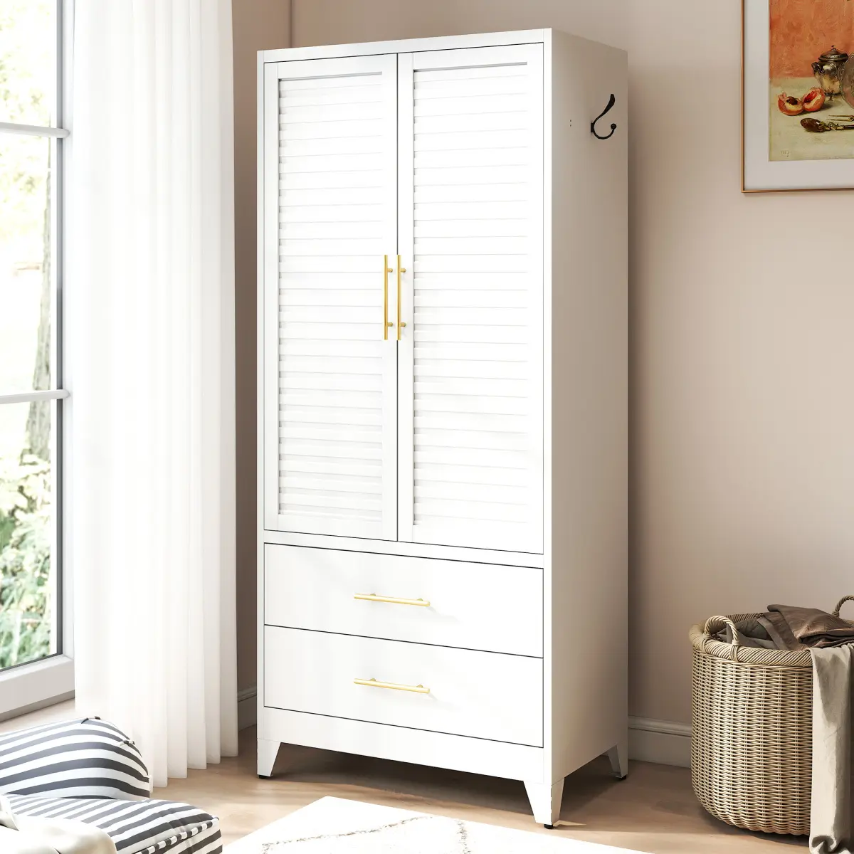 [Fahuac] Heavy-Duty Freestanding Above-Ground Hinged Metal Wardrobe Closet with 2 Drawer Compartments, Cold Rolled Steel, Adjustable Hanging Rod, Adjustable Wardrobes for Small Space Apartments, Drawer Compartments Wardrobes